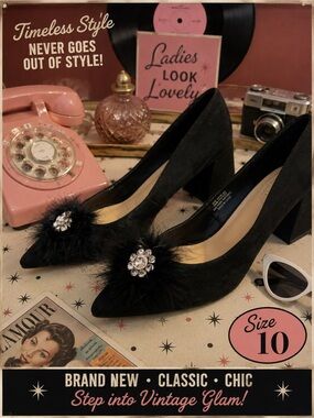 Black Suede Pointed Toe Block Heels with Rhinestone & Feather Accent